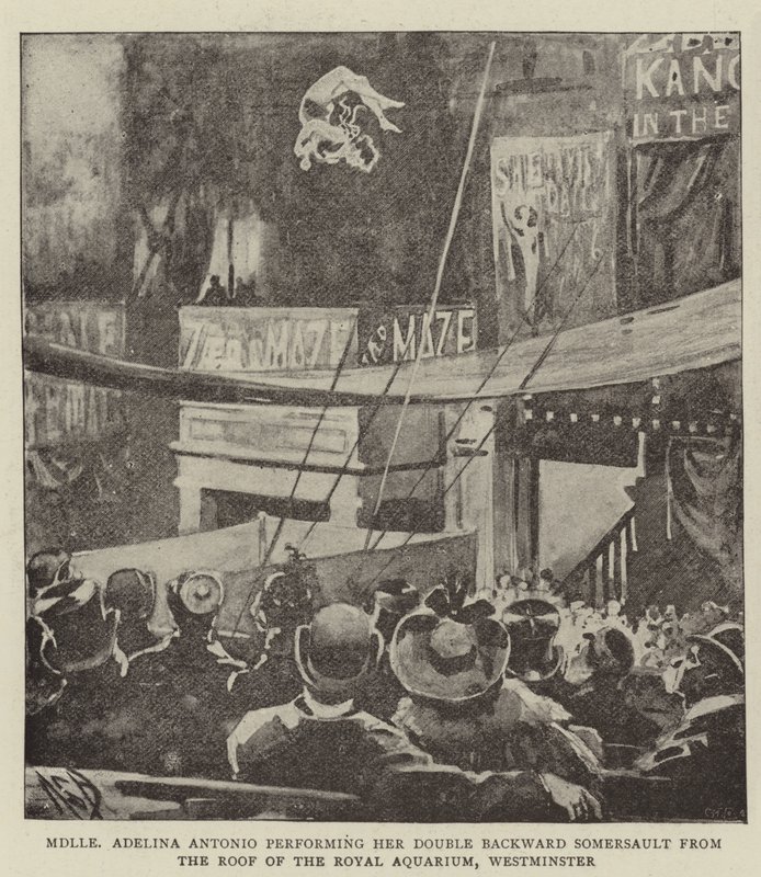 Mademoiselle Adelina Antonio在威斯敏斯特皇家水族馆屋顶表演她的双后空翻 作者 亚历山大·斯图尔特·博伊德