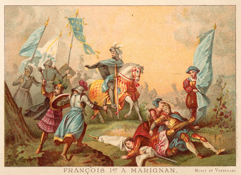 法国的弗朗西斯一世在马里尼亚诺战役，1515年（chromolitho） 作者 亚历山大·埃瓦里斯特·弗拉戈纳尔