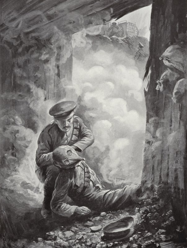 1915年10月11日，一名汽油弹爆炸后，代理警长约翰·雷恩斯将他的烟罩戴在警长艾瑞斯身上 作者 阿尔弗雷德·皮尔斯（Alfred Pearse）