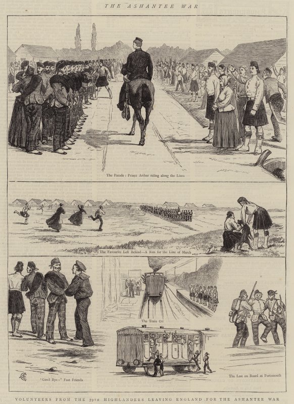The Ashantee War，来自第79位高地人的志愿者离开英格兰参加Ashantee War 作者 阿尔弗雷德·尚特雷·科博尔德