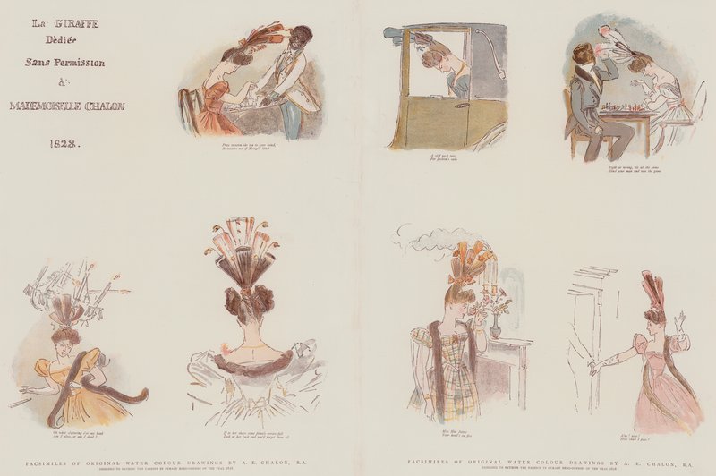 原创水彩图纸传真，旨在为1828年女性头饰时尚服饰（chromolitho） 作者 阿尔弗雷德·爱德华·沙隆