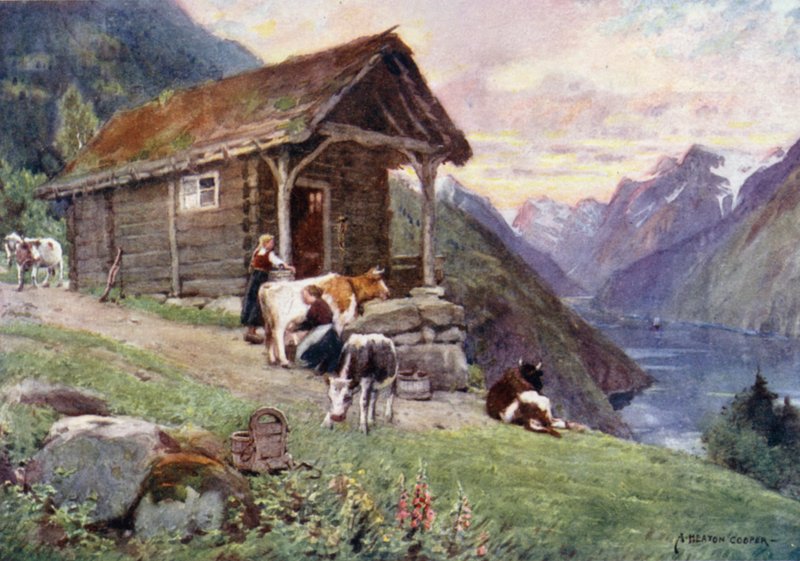 A Saeter, Vetle Fjord (彩色印刷品) 作者 阿尔弗雷德·希顿·库珀