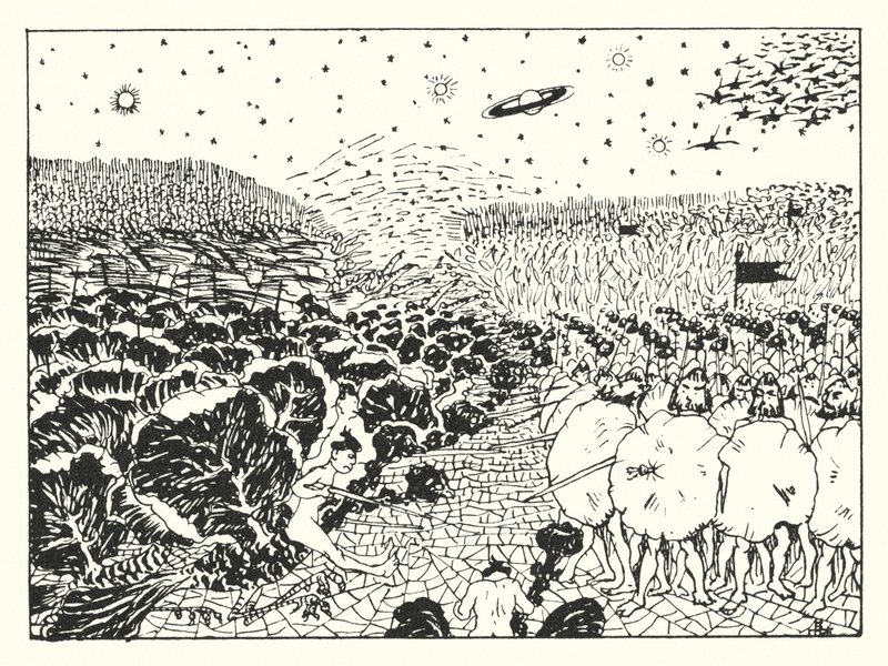 卢西安的《真实的历史》：蜘蛛网平原上的空中战斗（雕刻） 作者 阿尔弗雷德·佩恩·加内特