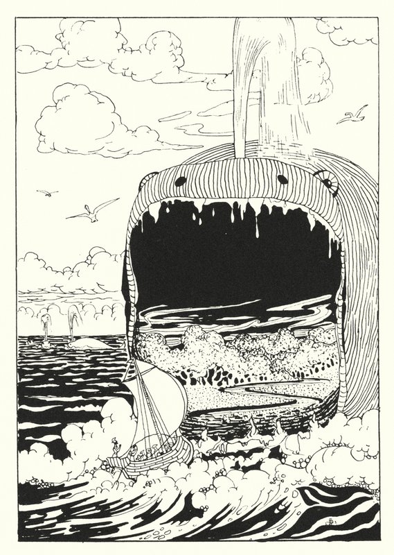 卢西安的《真实的历史》：被鲸鱼吞没的船（版画） 作者 阿尔弗雷德·佩恩·加内特