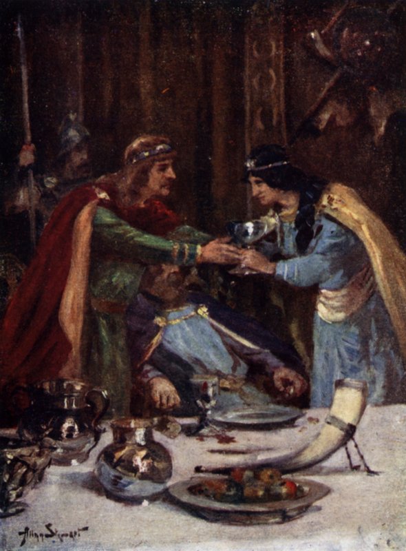 794 年，麦西亚的奥法二世的妻子西内斯里特毒死东英吉利国王艾瑟尔伯特二世（彩色石版画） 作者 艾伦（后）斯图尔特