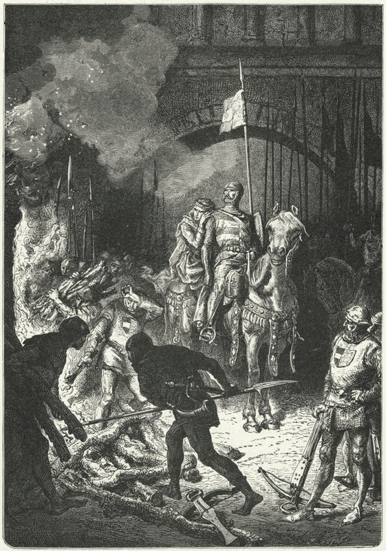 El Cid 在他的妻子 Dona Jimena 的陪同下，负责监督瓦伦西亚摩尔国王艾哈迈德的葬礼柴堆的建造 作者 阿尔丰斯·玛丽·德·诺伊维尔（后）