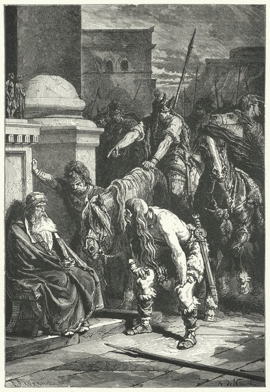 罗马执政官马库斯·帕皮里乌斯 (Marcus Papirius) 死于罗马高卢袋中，公元前 387 年（版画） 作者 阿尔丰斯·玛丽·德·诺伊维尔（后）