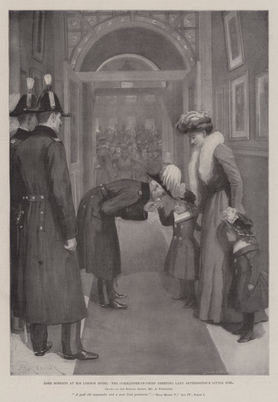 罗伯茨勋爵（Lord Roberts）在他的伦敦酒店（London Hotel），总司令问候塞特琳顿女士的小女孩 作者 阿梅迪·福雷斯蒂尔