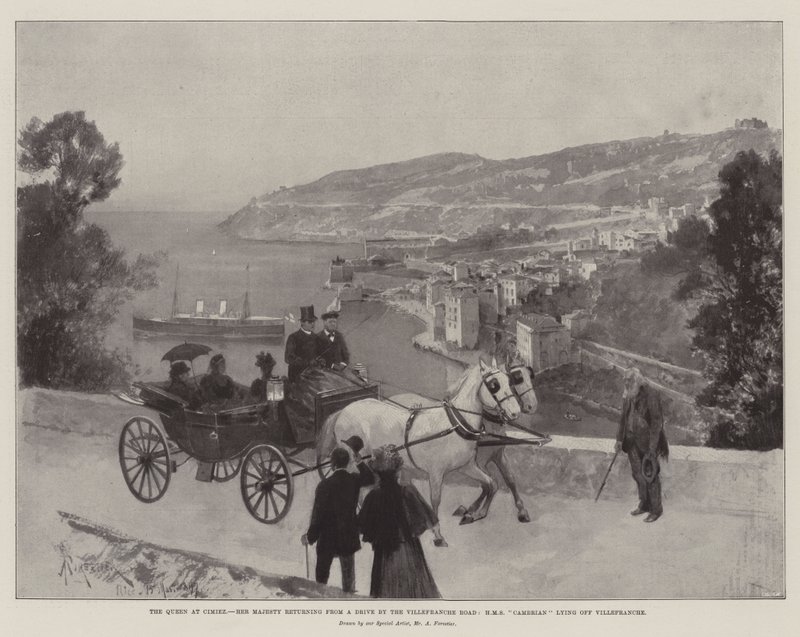 Cimiez的女王，女王陛下从Villefranche路的一个车道返回，HMS寒武纪躺在Villefranche 作者 阿梅迪·福雷斯蒂尔