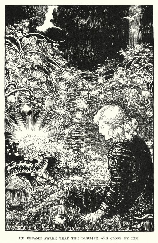 他意识到，巴斯里斯克就在他身边（雕刻）。 作者 Amelia M. (attr.to) Bowerley 或 Bauerle