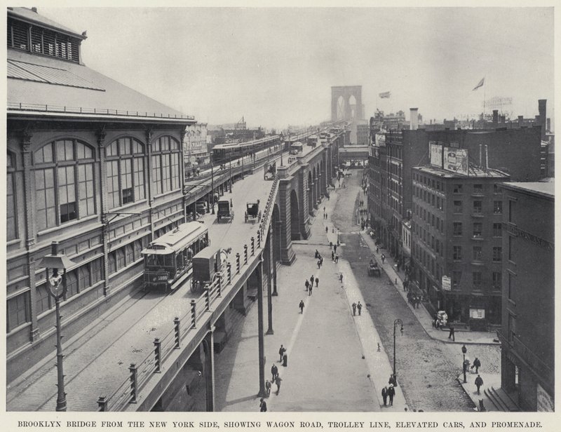 Brooklyn Bridge from the New York Side, showing Wagon Road, Trolley Line, Elevated Cars, and Promenade (b/w photo) 作者 美国摄影师
