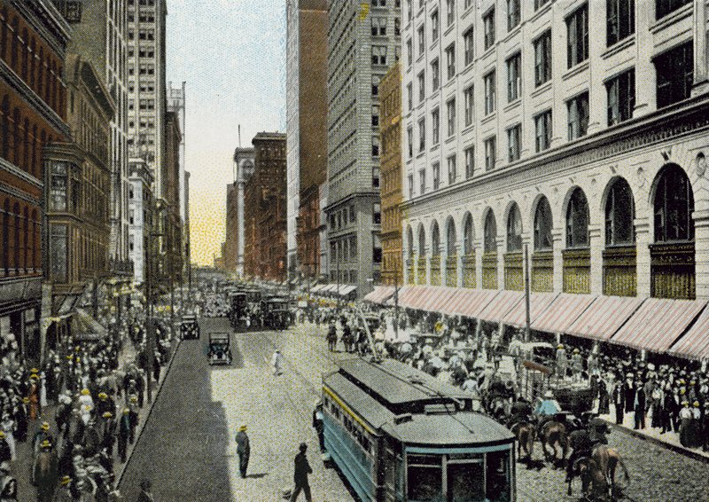 从Van Buren Street向北看的State Street（彩色照片） 作者 美国摄影师