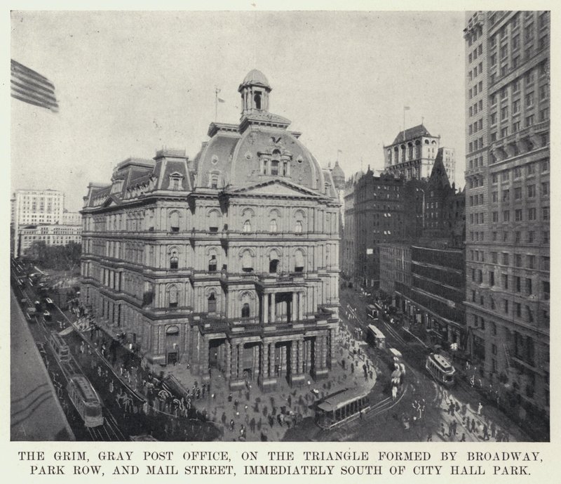 The Grim, Gray Post Office, on the Triangle formed by Broadway, Park Row, and Mail Street, immediately South of City Hall Park (b/w photo) 作者 美国摄影师