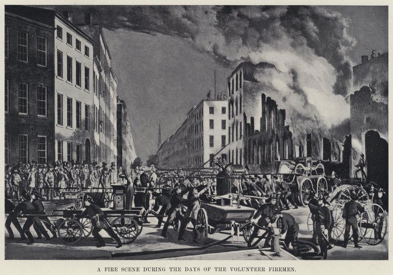 A Fire Scene during the Days of the Volunteer Firemen (litho) 作者 美国学校