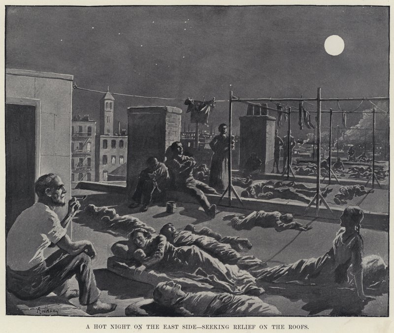 东边炎热的夜晚，在屋顶上寻求救济（石版画） 作者 美国学校