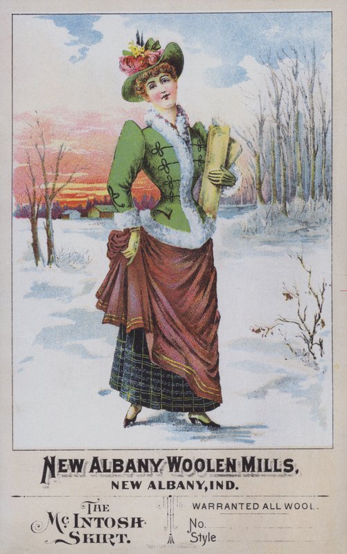 麦金托什裙子的广告，来自美国印第安纳州新奥尔巴尼毛纺厂（chromolitho）。 作者 美国学校