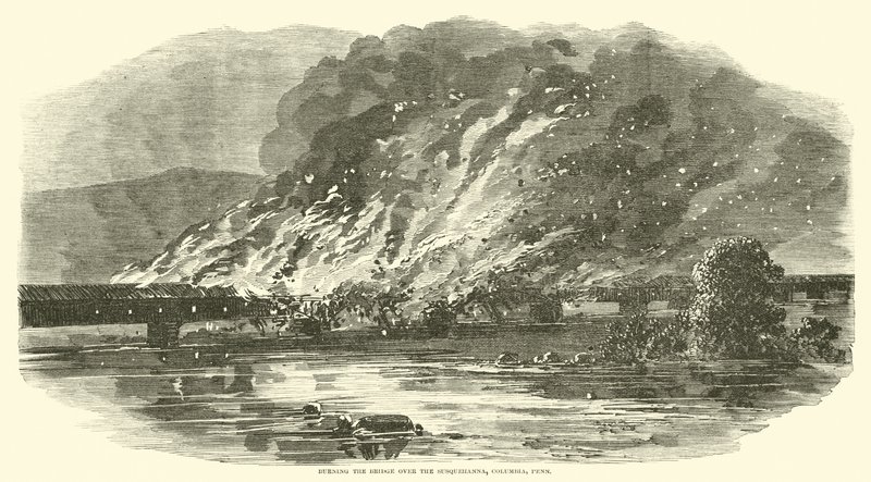 1863年6月在宾夕法尼亚州哥伦比亚的萨斯奎汉纳焚烧桥梁 作者 美国学校