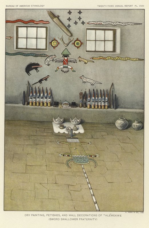 Thlewekwe（吞剑人兄弟会）的干画、神物和墙饰（彩色石版画） 作者 美国学校