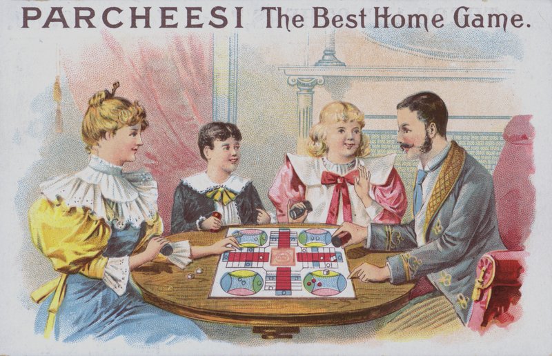 一家人在玩巴棋游戏（chromolitho）。 作者 美国学校