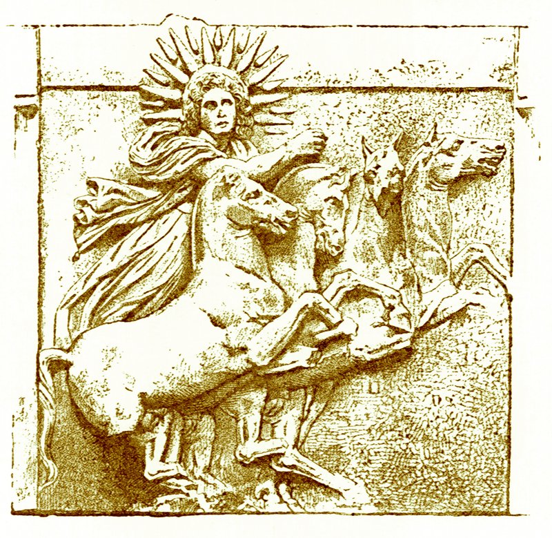 Helios在他的战车上，来自Victor Duruy的希腊历史插图，1890年出版（数字增强图像） 作者 美国学校