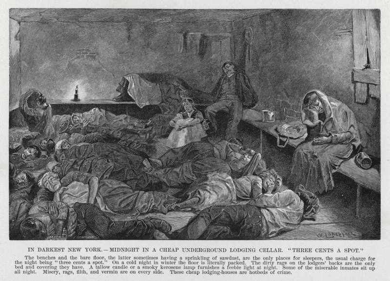 In Darkest New York, Midnight in a Cheap Underground Lodging Cellar, "three cents a spot" (litho) 作者 美国学校
