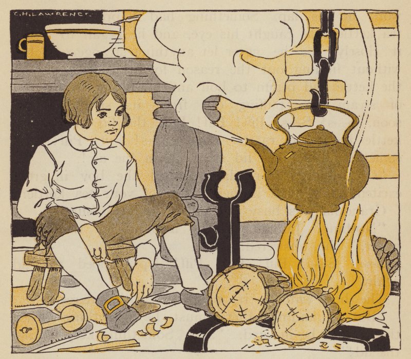 詹姆斯-瓦特看着祖母的茶壶沸腾（彩色石版画） 作者 美国学校