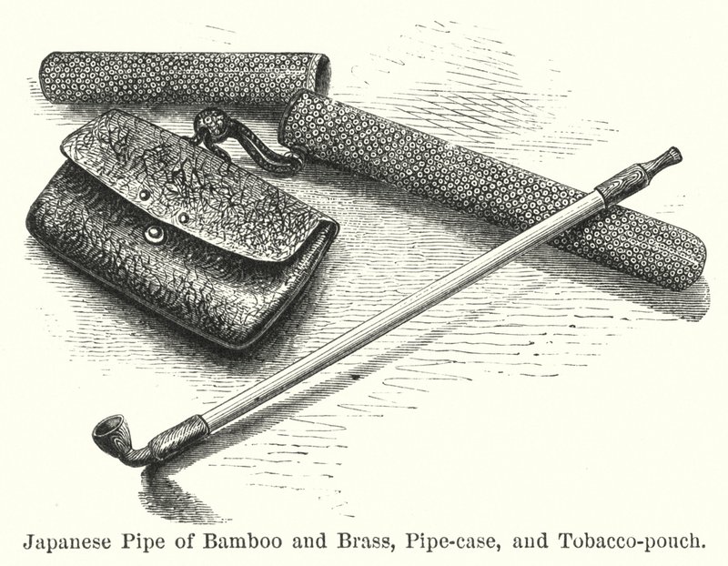 Japanese Pipe of Bamboo and Brass, Pipe-case, and Tobacco-pouch (engraving) 作者 美国学校