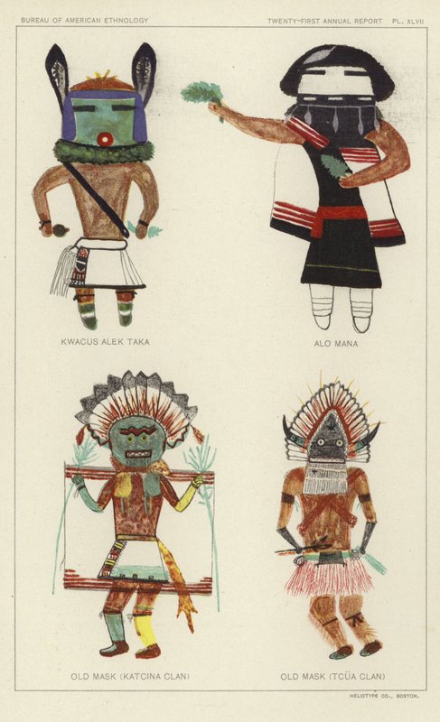 Kwacus Alek Taka、Alo Mana、老面具（Katcina 部族）、老面具（Tcua 部族）（彩色石版画） 作者 美国学校