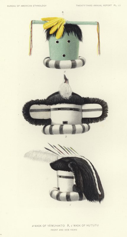 亚穆哈图面具和胡图面具（彩色石版画） 作者 美国学校
