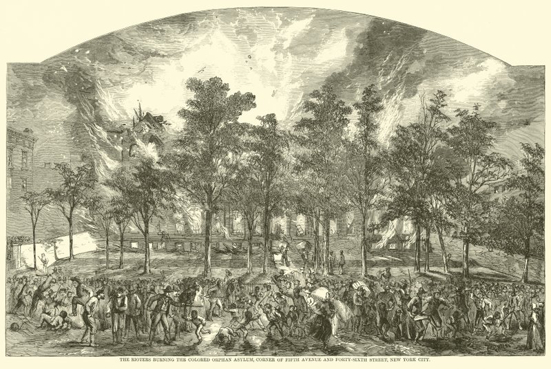 1863年7月，暴乱者在纽约市第五大道和第四十六街一角烧毁彩色孤儿院 作者 美国学校