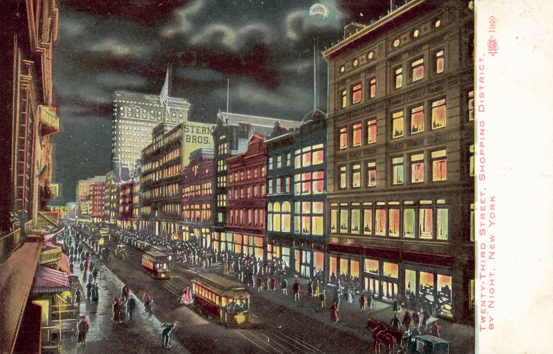 纽约第二十三街购物区夜景（彩色石版画） 作者 美国学校