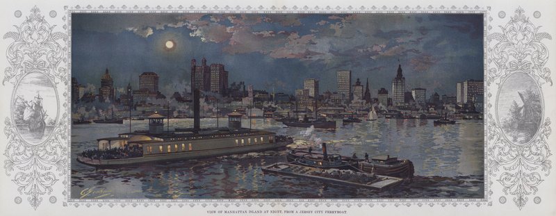 泽西市渡轮上的曼哈顿岛夜景（彩色石版画） 作者 美国学校