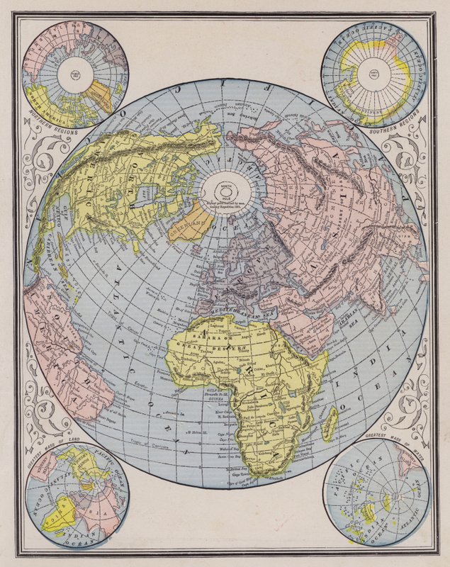 显示大陆、极地地区和海平面变化的世界地图（彩色雕刻） 作者 美国学校