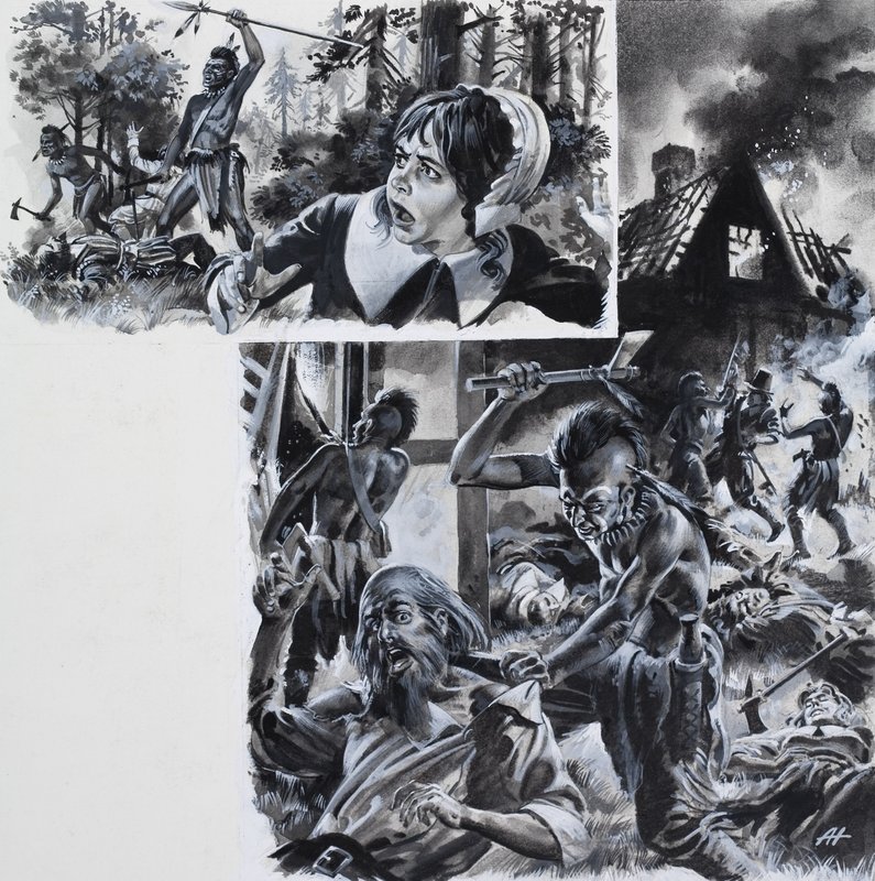 印第安人袭击移民定居者（水粉画，纸本） 作者 安德鲁·豪瓦特
