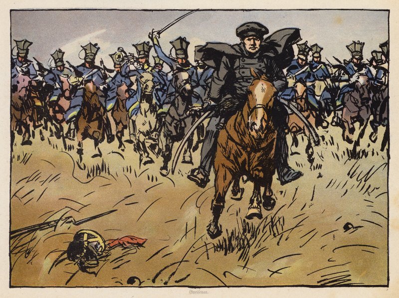 普鲁士元帅格奈森瑙率领骑兵冲锋（chromolitho）。 作者 安杰洛·扬克（Angelo Jank）