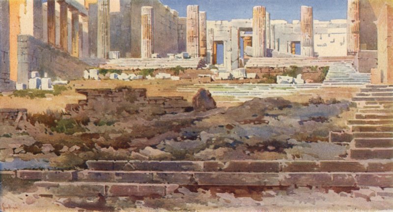 雅典卫城的 Propylaea（彩色平版印刷） 作者 安杰洛斯·贾利诺斯