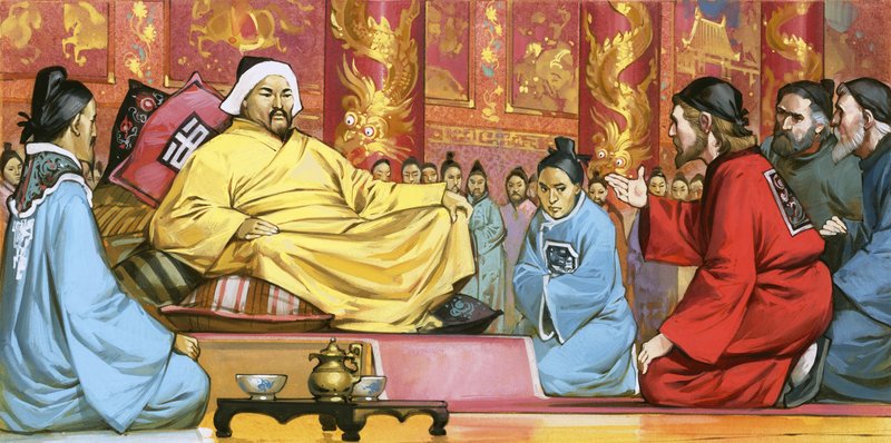 马可-波罗在忽必烈汗宫廷，20 世纪（纸面水粉画） 作者 安格斯·麦克布莱德