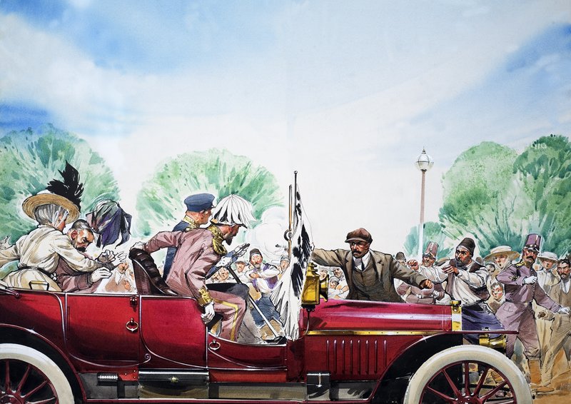 第一次世界大战爆发，插图选自《世界历史上的大事件》（水粉画，纸本） 作者 安格斯·麦克布莱德