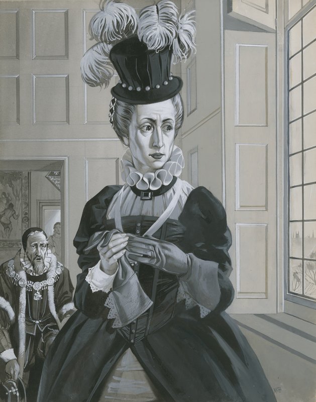 伊丽莎白一世女王，听到苏格兰女王玛丽被处决的消息（纸面水粉画） 作者 安格斯·麦克布莱德