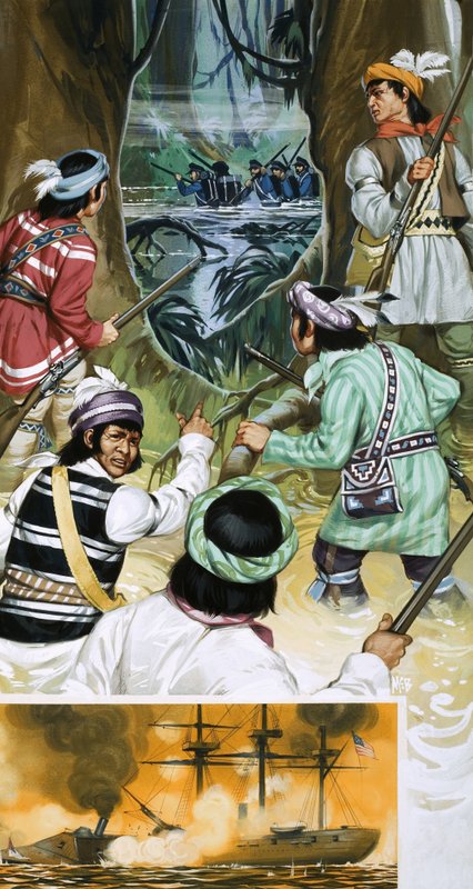 塞米诺尔印第安人在沼泽地与美国士兵作战 作者 安格斯·麦克布莱德