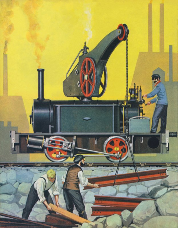 1868 年在格拉斯哥制造的起重机发动机，也是同类产品中最早的一台（彩色石版印刷）。 作者 安格斯·麦克布莱德