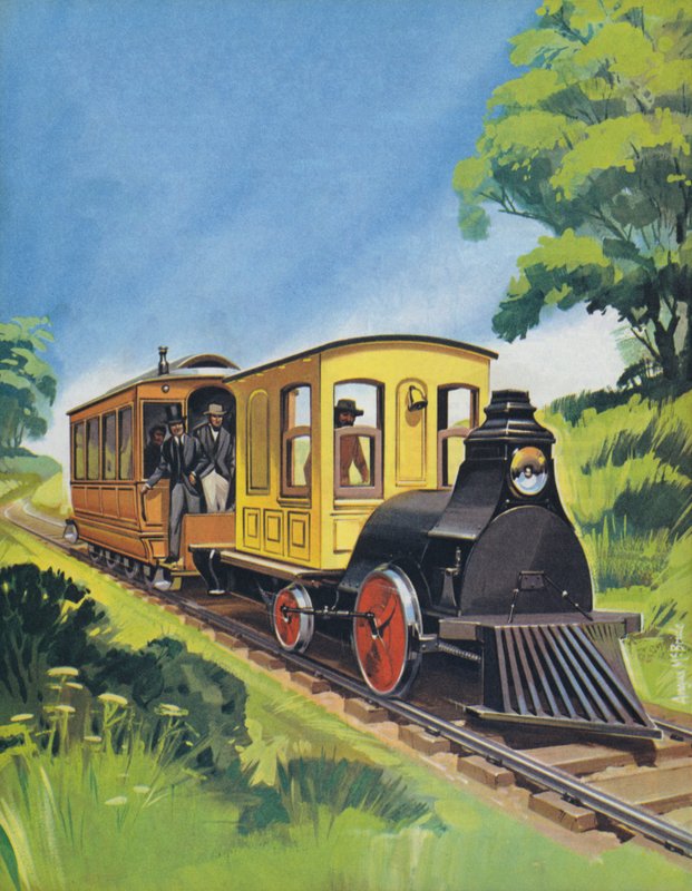 托马斯-爱迪生的电动火车，1882 年制造（彩色石版画） 作者 安格斯·麦克布莱德