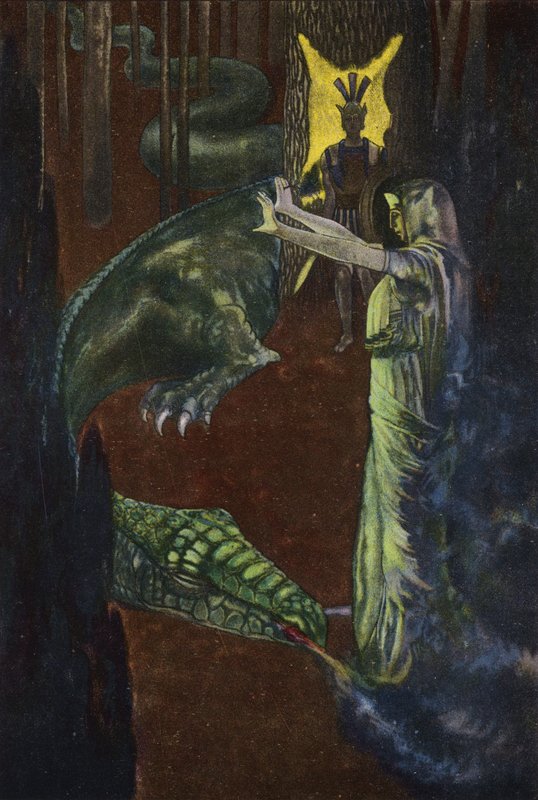 杰森看着美狄亚让守护金羊毛的巨龙入睡（彩色石版画） 作者 阿瑟·谢纳