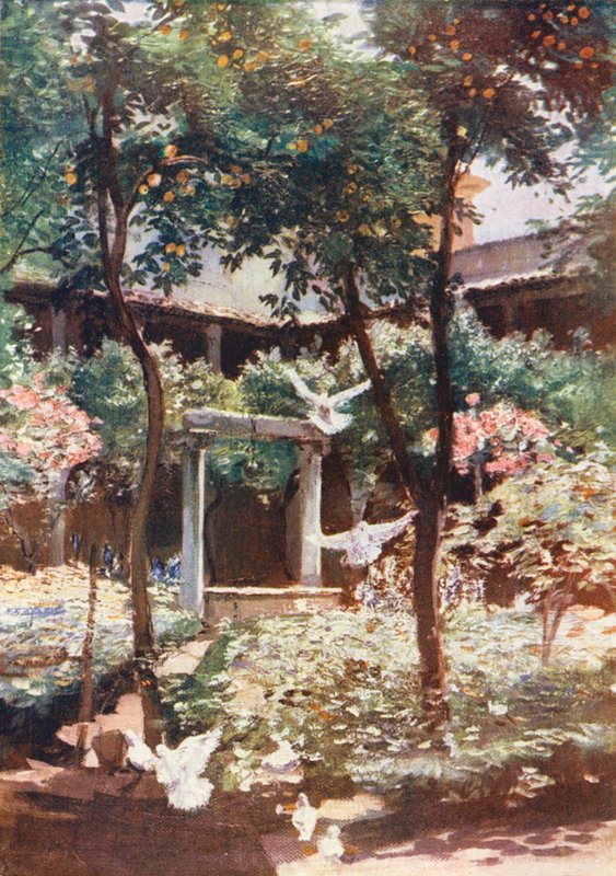 罗马：S Giovanni degli Genovesi 回廊（彩色石版画） 作者 奥布里·沃特菲尔德