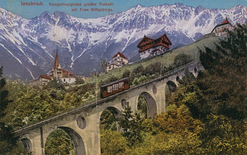 因斯布鲁克 - 索道缆车和高架桥。明信片于1913年寄出。 作者 奥地利摄影师