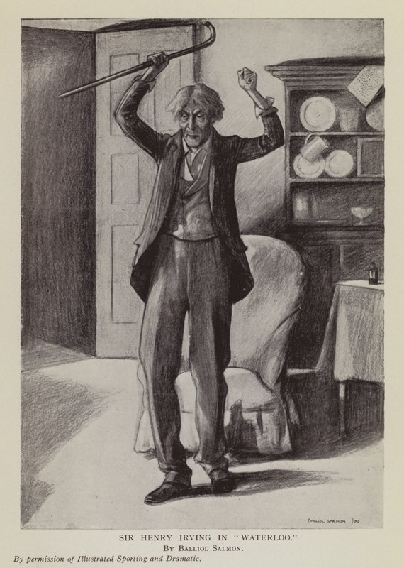 英国演员亨利-欧文（Henry Irving）在柯南-道尔的戏剧《滑铁卢》中（石版画 作者 贝利奥尔（后）鲑鱼