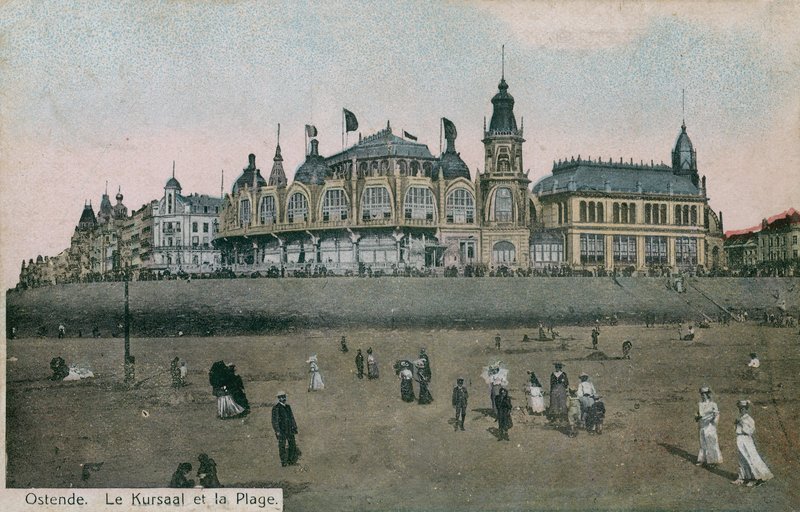Le Kursaal和比利时奥斯坦德的海滩。明信片于1913年寄出。 作者 比利时摄影师