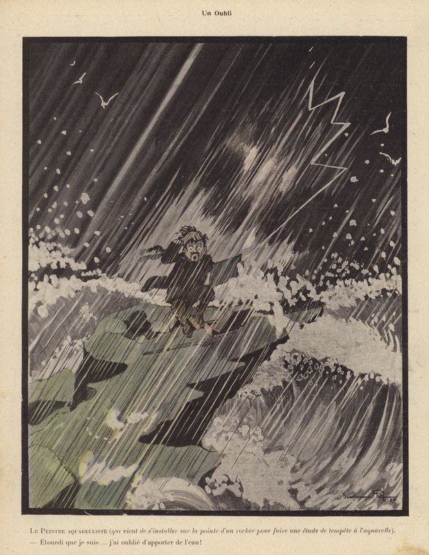 监督：一位水彩画家站在岩石上画暴风雨，感叹自己忘了带水（石版画） 作者 本杰明·拉比尔