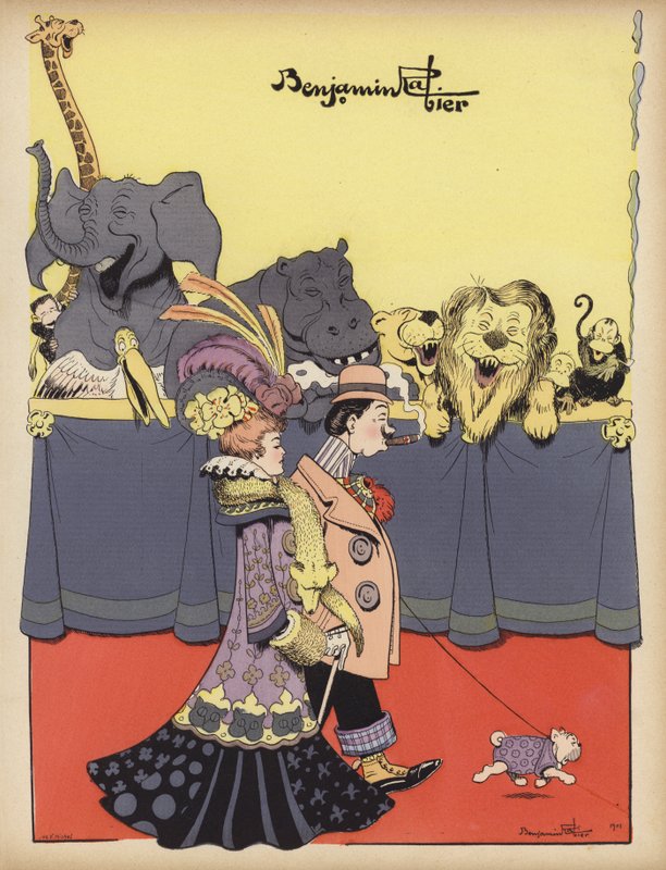 动物们嘲笑一对参观动物园的情侣（彩色石版画） 作者 本杰明·拉比尔