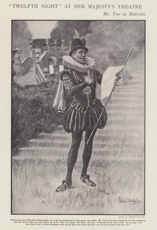 Herbert Beerbohm Tree 在伦敦女王陛下剧院的莎士比亚第十二夜制作中饰演 Malvolio（石版画） 作者 伯纳德·帕特里奇